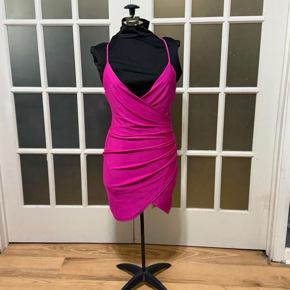 Vintage Celeb Hot Pink Ruched Faux Wrap Mini Dress